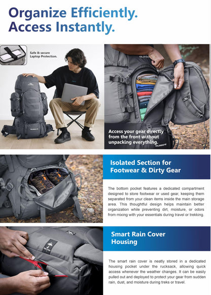 TRAWOC WILDWING 95L (80+15) Internal Frame Trekking Backpack with 15L Detachable Daypack, Rain Cover, Shoe Compartment & Adjustable Fit. Large Rucksack for Travel, Hiking & Camping | 3-Year Warranty
