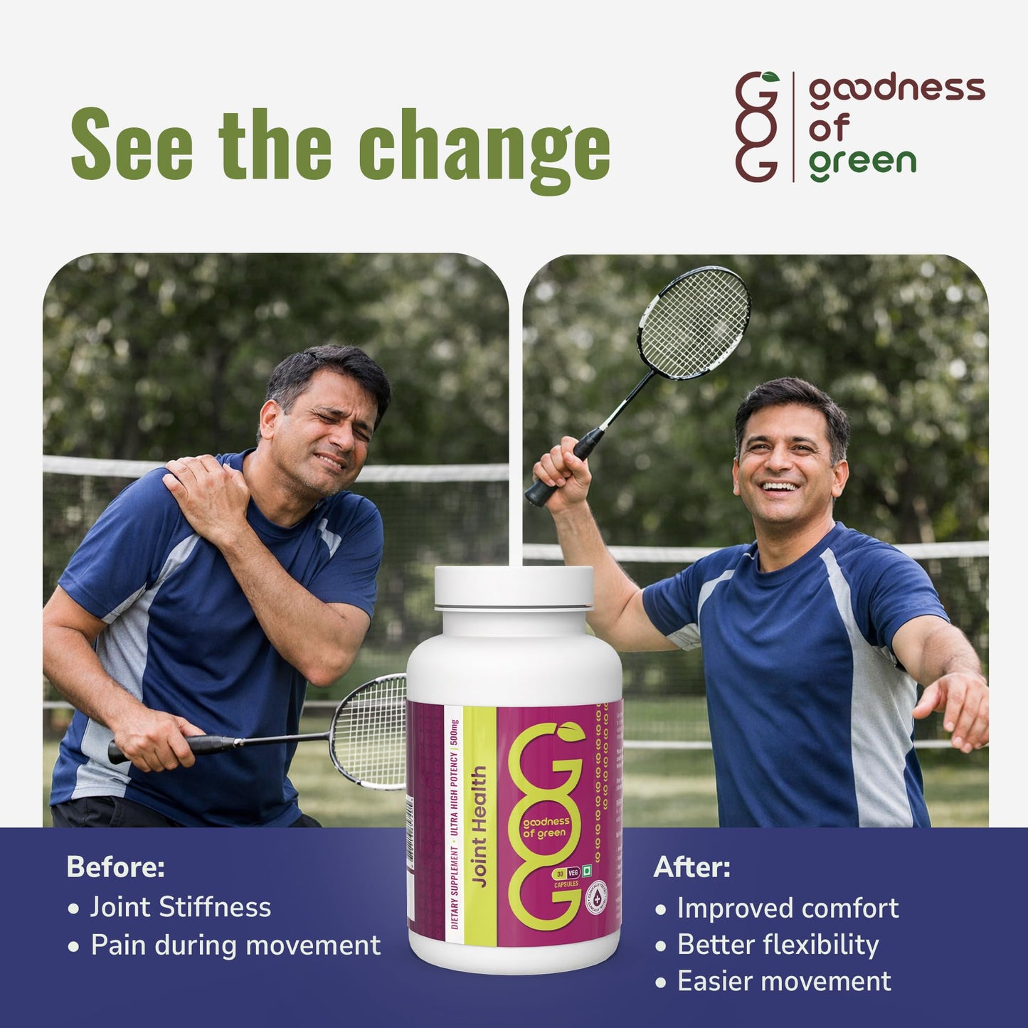 Goodness Of Green Joint Health Supplement, For Joint Support, Reduces Inflammation & Stiffness, Turmeric & Black Pepper Extract, Herbal Capsules Grown in Right Soil, 30 Veg Capsules