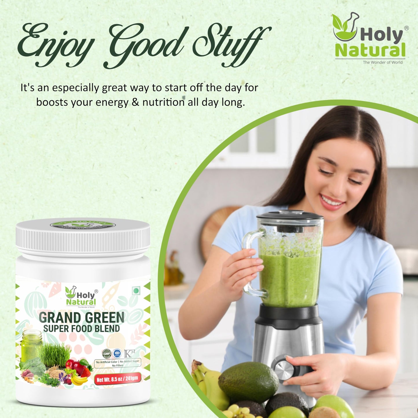 Grand Green Super Food Blend – 241 gm I 30 Serving I Rich in Vitamin C & E I Immunity & Energy Booster I Fat Burner I Supper Nutrients Blend of Herbal, Fruit & Vegetable