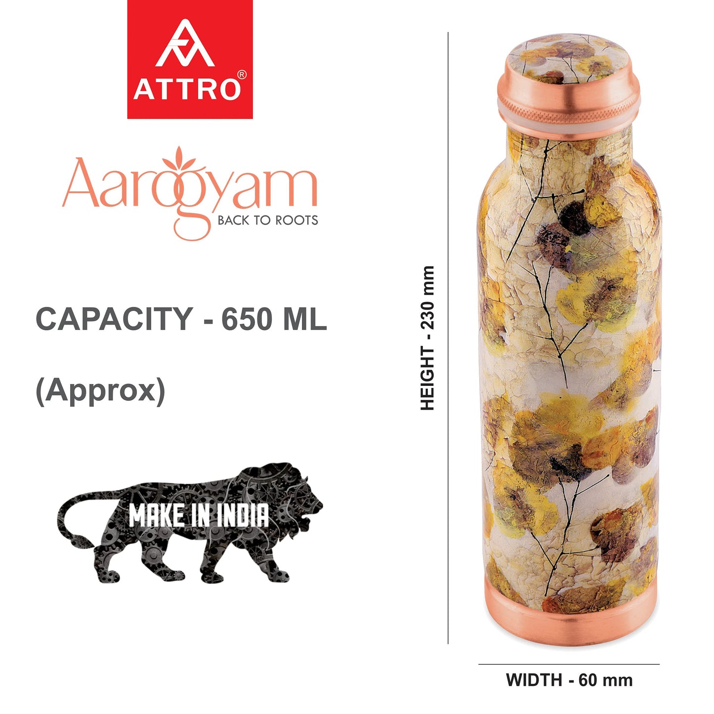 ATTRO Aarogyam 650ml Tatva Spring Summer Designer Joint-less Copper Water Bottle