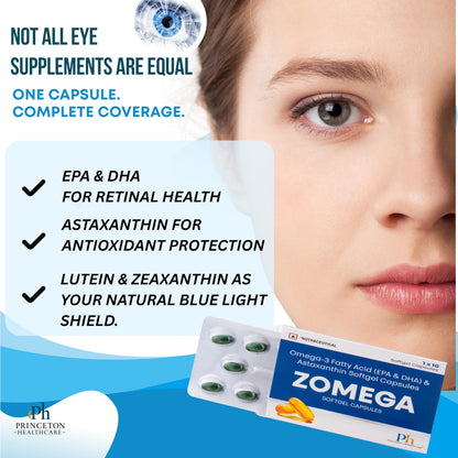 ZOMEGA Omega-3 Eye Health Softgel Capsules with Lutein, Zeaxanthin & Astaxanthin | Vision Support, Blue Light Protection & Retinal Health | Advanced AREDS-Inspired Formula | 10 Softgels (Pack of 6)
