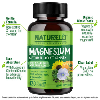 Naturelo Magnesium Glycinate Supplement 200 mg 120 Vegetarian Capsules