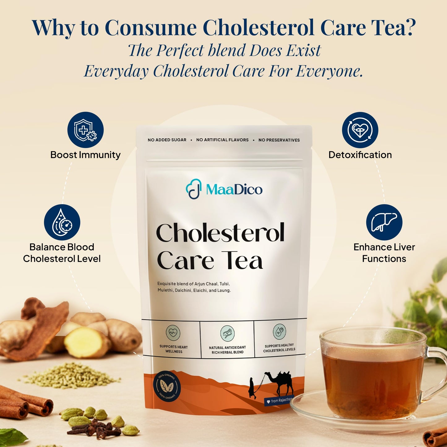 Maadico Cholesterol Care Tea, 100 Gms | Natural Ayurvedic Herbal Blend for Heart Health, Detox & Daily Wellness | Health & Liver Support | No Added Sugar & Artificial Flavours