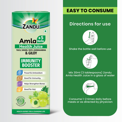 Zandu Amla + 5 Herbs Health Juice | Ayurvedic Immunity Booster | Powerful Antioxidant | Good for Bones and Hair |No Added Sugar (1000ml)