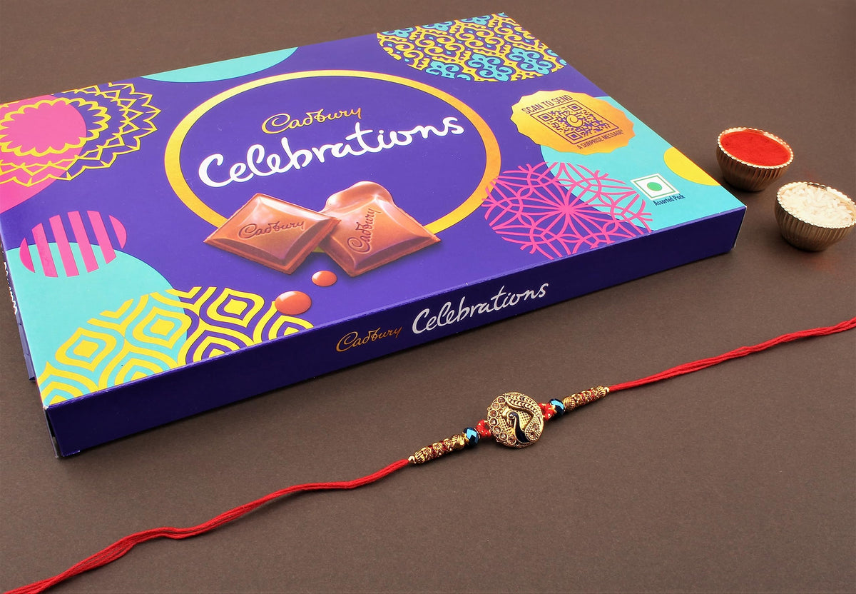 SFU E Com Peacock Rakhi with Cadbury Chocolate Celebration Pack