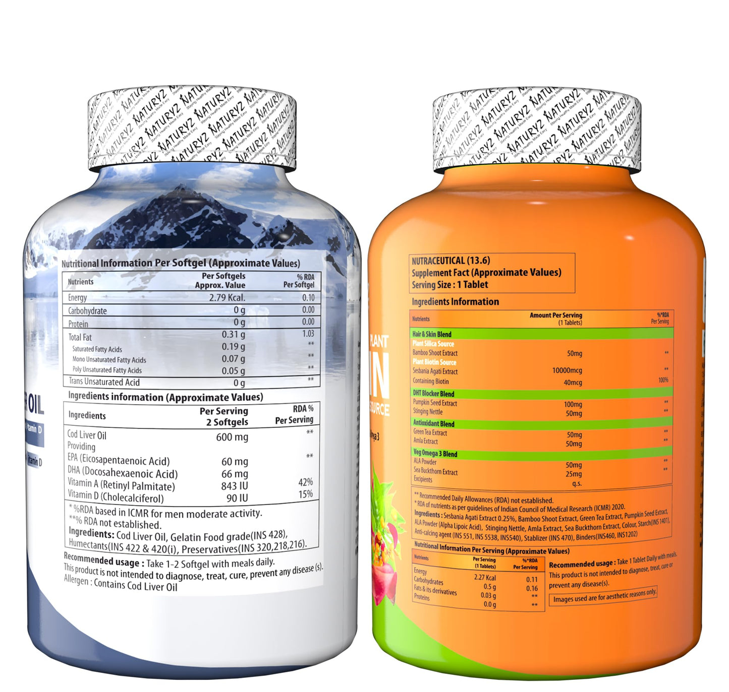 Naturyz Imported Icelandic COD Liver Oil Combo Pack for Immunity Skin Eye Muscle Joint Health & 100% Plant Based Biotin Tablets with High Protein Vitamin DHT Omega 3 for Strong Hairs, Nails Growth