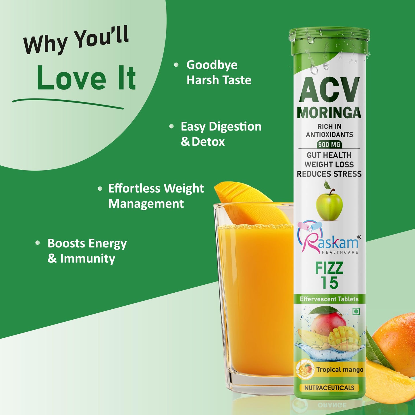 Raskam ACV Moringa Effervescent Tablets 500mg – Tropical Mango, Antioxidant Immunity Booster, Appetite & Energy Support, Sugar Free – 15 Fizz Tabs (Pack of 2)