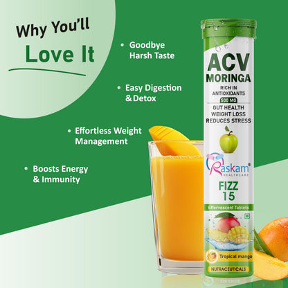Raskam ACV Moringa Effervescent Tablets 500mg – Tropical Mango, Antioxidant Immunity Booster, Appetite & Energy Support, Sugar Free – 15 Fizz Tabs (Pack of 2)