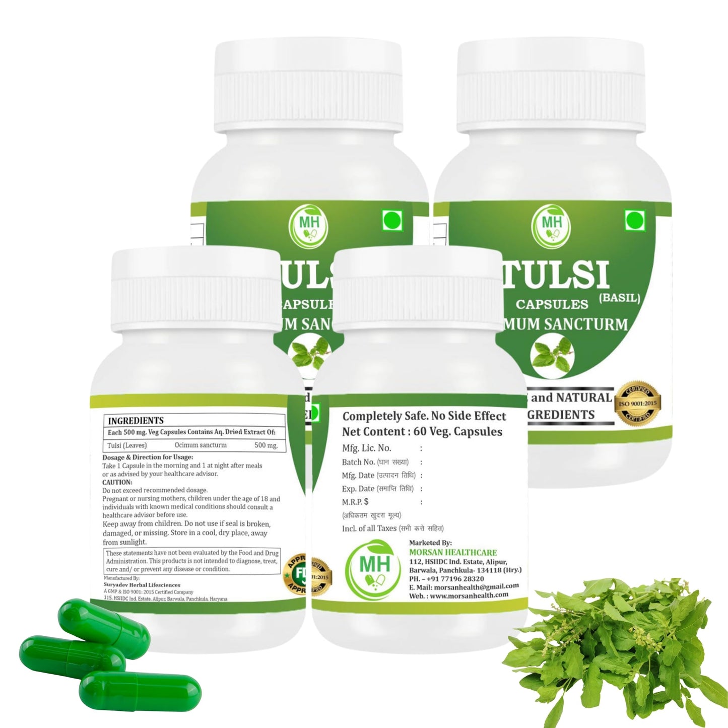 Morsan Healthcare TULSI Capsules – 60 Veg Capsules | Pure Holy Basil Extract (Ocimum sanctum) | Natural Ayurvedic Herbal Supplement | Plant-Based Formula | Pack of 4