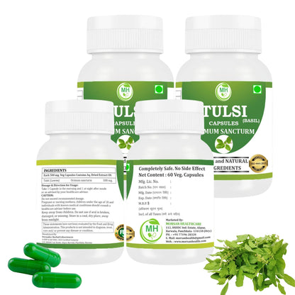 Morsan Healthcare TULSI Capsules – 60 Veg Capsules | Pure Holy Basil Extract (Ocimum sanctum) | Natural Ayurvedic Herbal Supplement | Plant-Based Formula | Pack of 4