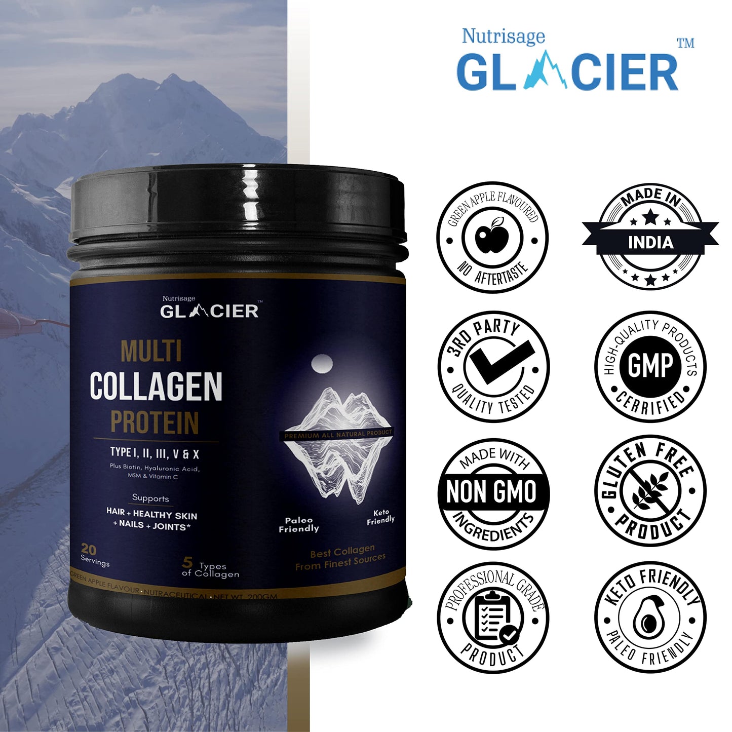 Nutrisage Multi Collagen Peptides Powder -Easy to Dissolve - Type I, II, III, V, X - for Women & Men - Promotes Hair, Skin, Nails, & Joint Health