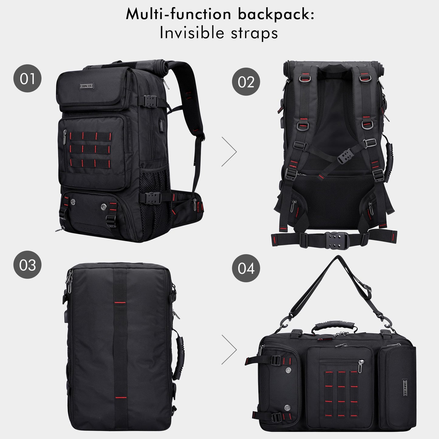 WITZMAN Carry on Travel Backpack for Men Airline Approved Convertible Nylon Luggage Backpack (B682 Balck)