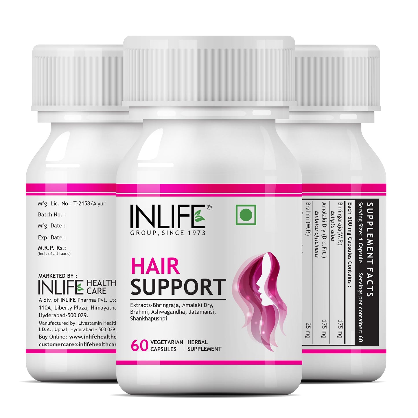 INLIFE Hair Support 500mg, Bhringraj Brahmi Ashwagandha, 60 Veg Capsules (Pack of 1, 60)