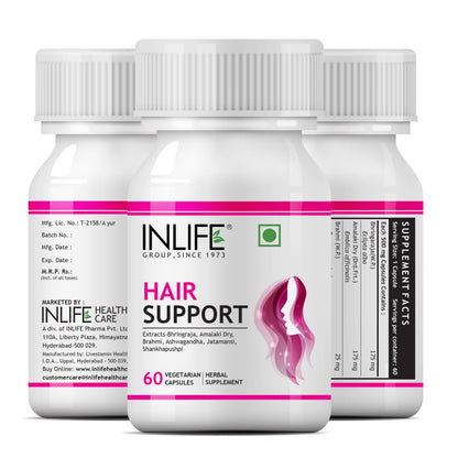 INLIFE Hair Support 500mg, Bhringraj Brahmi Ashwagandha, 60 Veg Capsules (Pack of 1, 60)