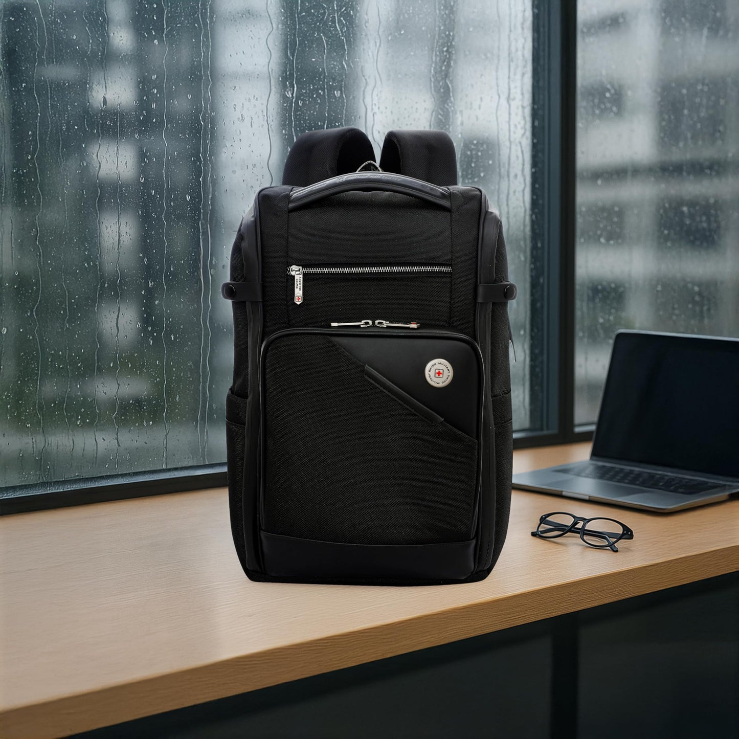 SWISS MILITARY Aspen Laptop Backpack 15.6 Inch with USB Charging Port, Quick Access Pockets, iPad Compartment, Mesh Bottle Holders, 16L Compact Travel Office College Bag for Men Women, Black