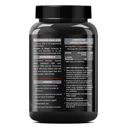 MuscleBlaze L-Carnitine L-Tartrate for Adults, Helps Convert Fat into Energy (Unflavoured, Capsules 60 Count )