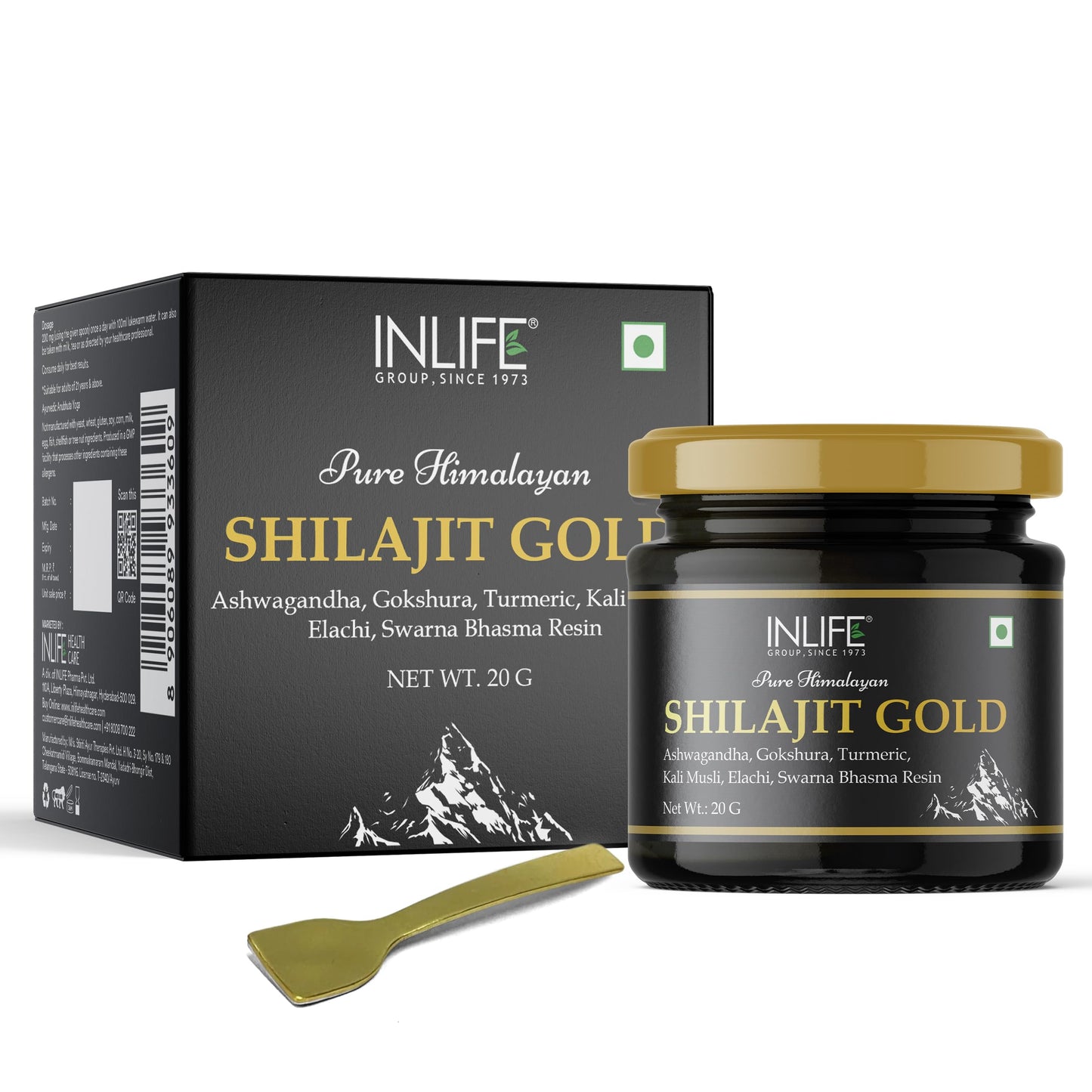 INLIFE Shilajit Gold 20g | Original Himalayan Shilajit Resin with Ashwagandha, Tribulus, Turmeric, Kali Musli | 75% Fulvic Acid | Lab Tested Ayurvedic Supplement