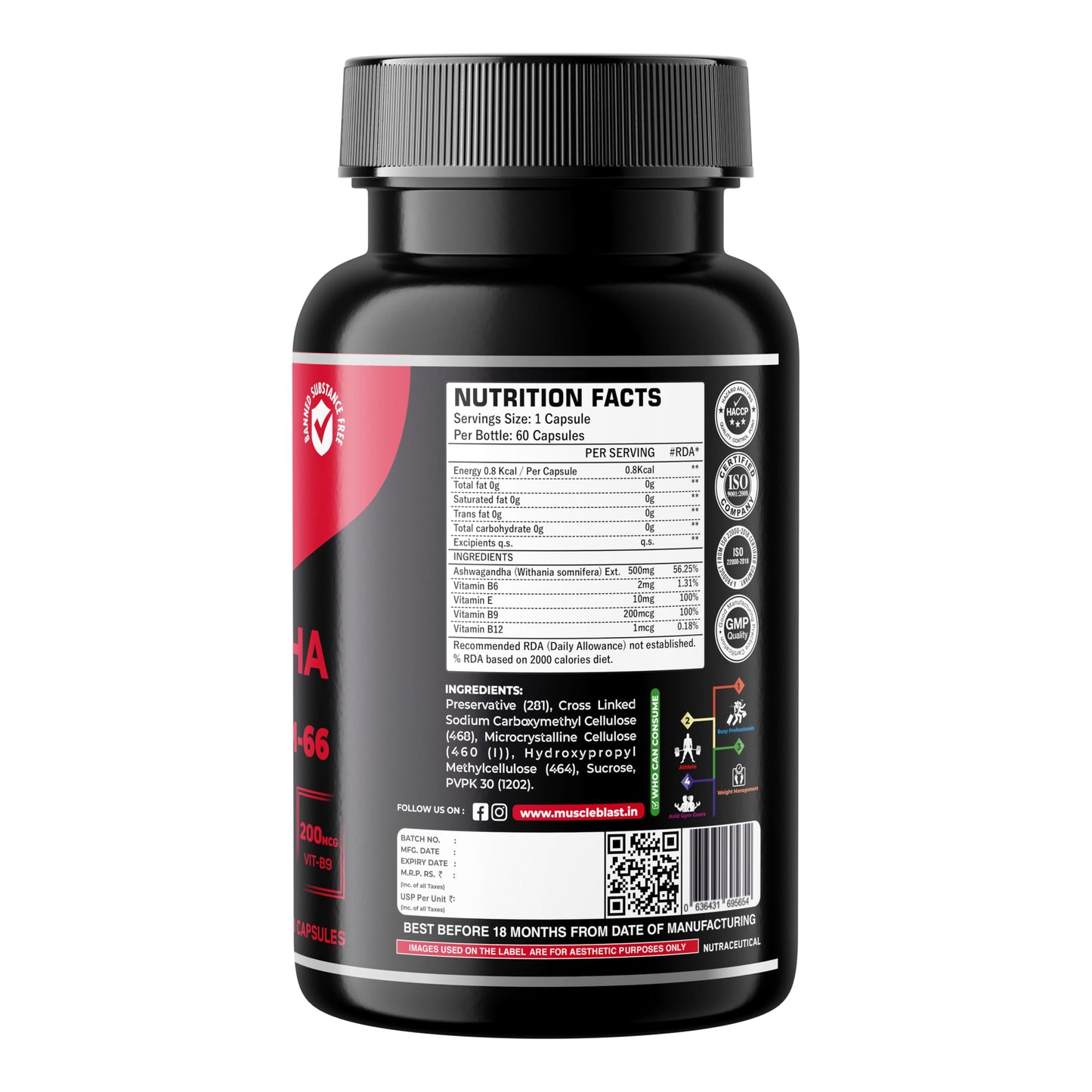 Muscle Blast Organic Ashwagandha KSM-66 500mg Capsules with Vitamin E, B6, B9 & B12 – Stress Relief, Energy, Stamina & Immunity Support, 60 Capsules (60 Servings)