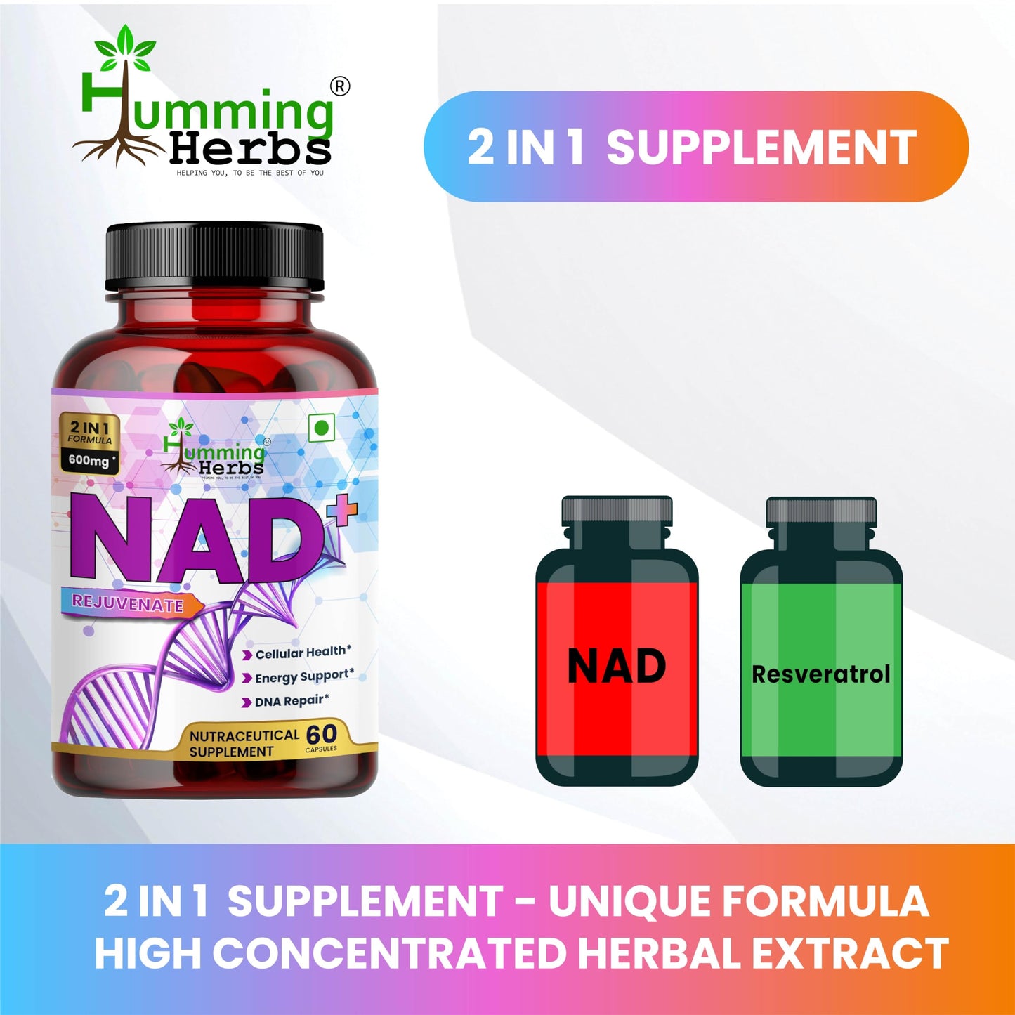 Humming Herbs NAD+ 600mg - Advanced Cellular Health & DNA Repair Formula - Energy and Metabolism Boost with Resveratrol and Polygnum Cuspidatum for Longevity & healthy Aeging