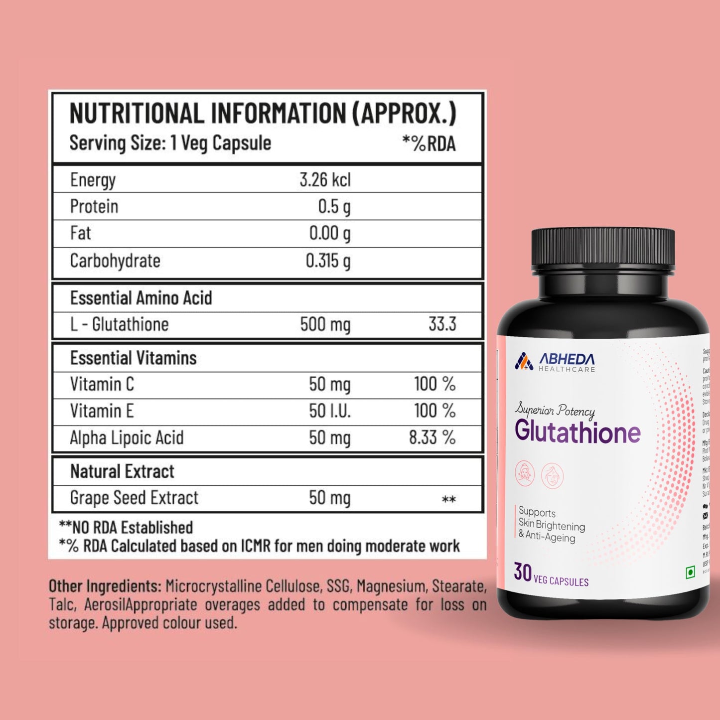ABHEDA HEALTHCARE L-Glutathione 500mg - 30 Capsules - With Vitamin C and E | Advanced Antioxidant for Skin Brightening, Detoxification, and Immune Support