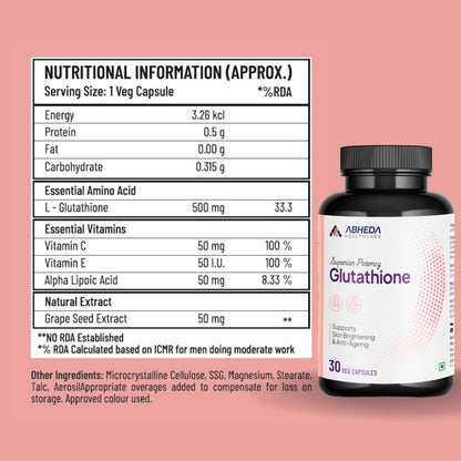 ABHEDA HEALTHCARE L-Glutathione 500mg - 30 Capsules - With Vitamin C and E | Advanced Antioxidant for Skin Brightening, Detoxification, and Immune Support