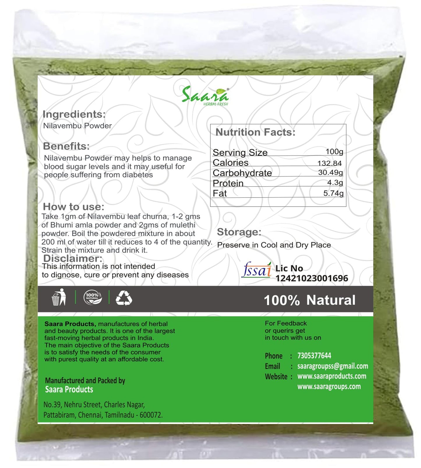Saara HERBAL FRESH Nilavembu Powder, Chirata, Kirayata,Kalmegh, Siriyan- image 6