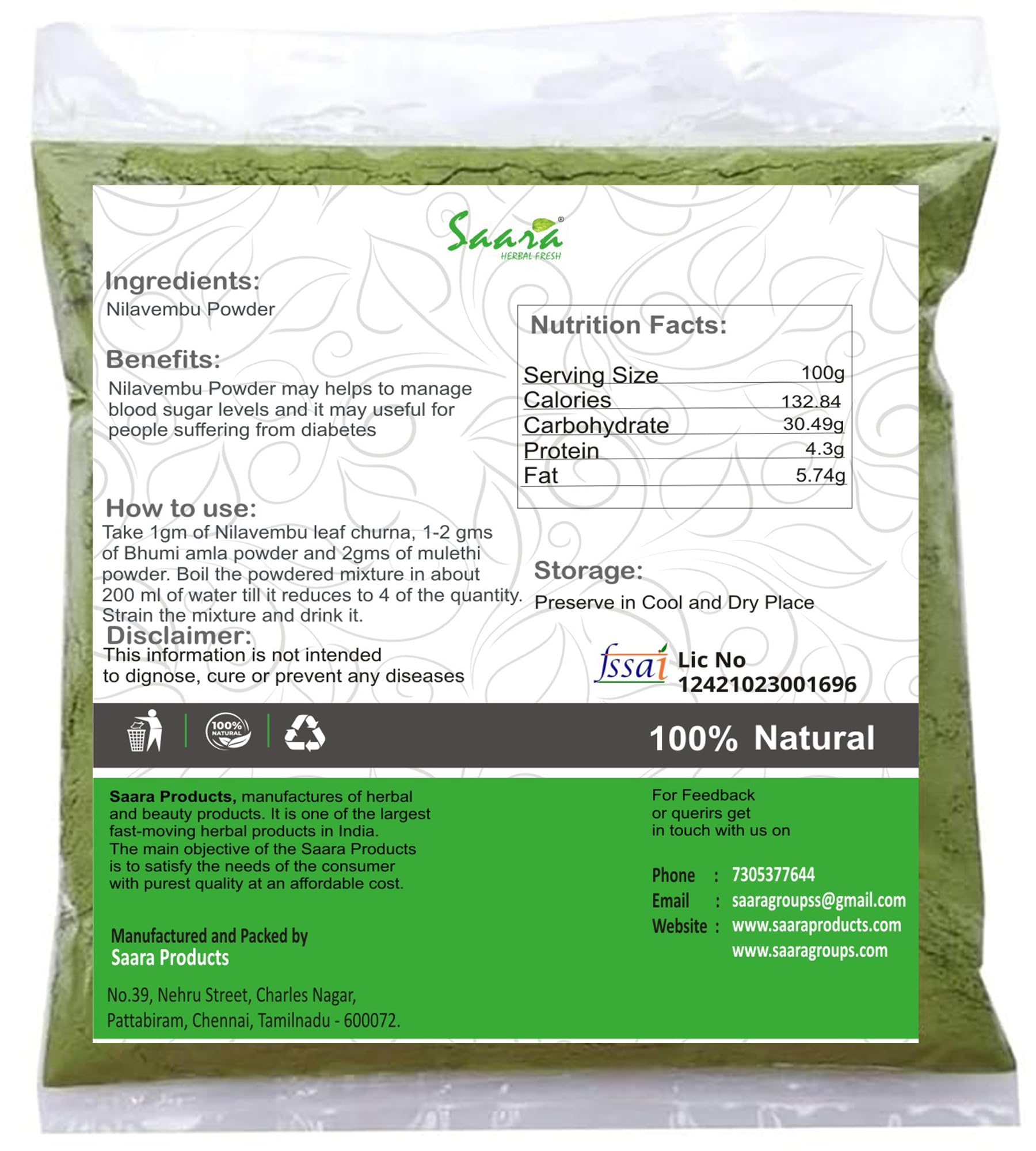 Saara HERBAL FRESH Nilavembu Powder, Chirata, Kirayata,Kalmegh, Siriyan- image 6