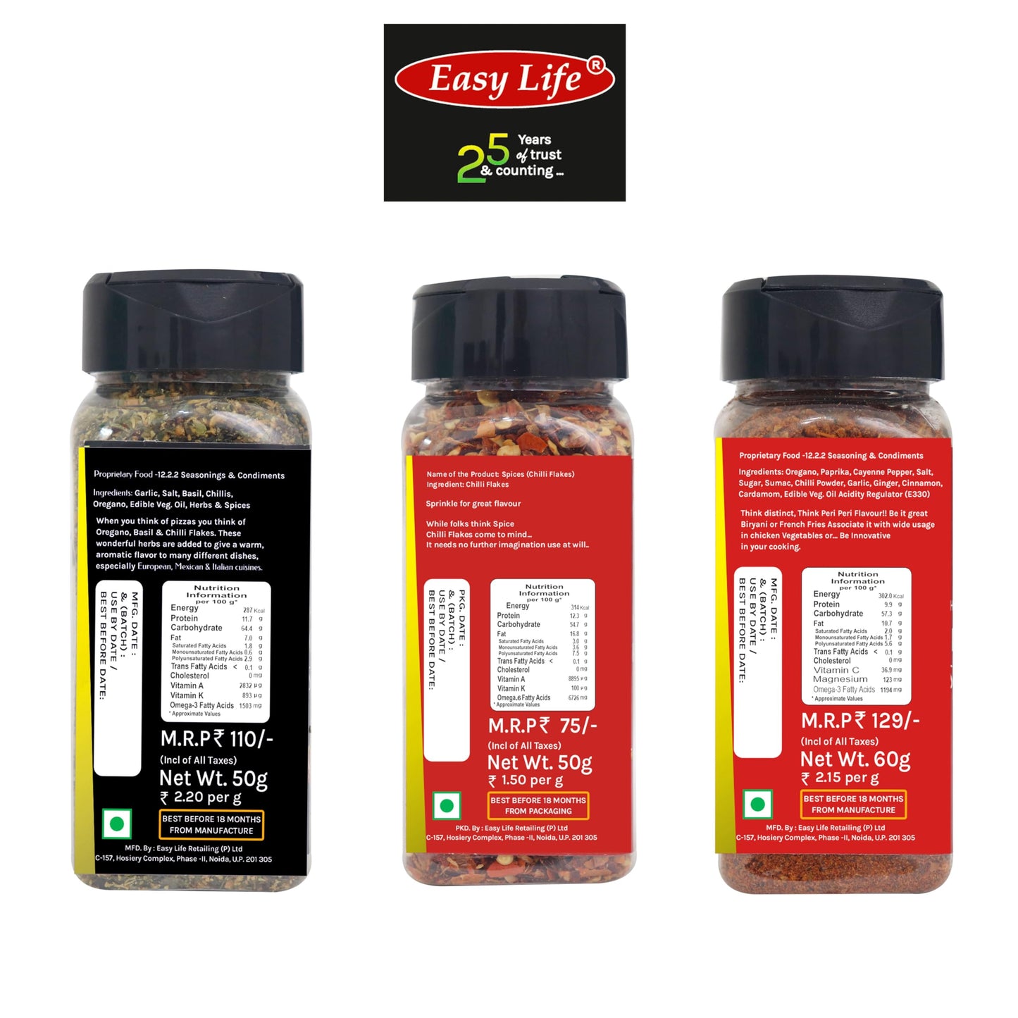 Easy Life Oregano Seasoning 50g, Roasted Chilli Flakes 50g with Peri Peri Seasoning 60g (Combo of 3)