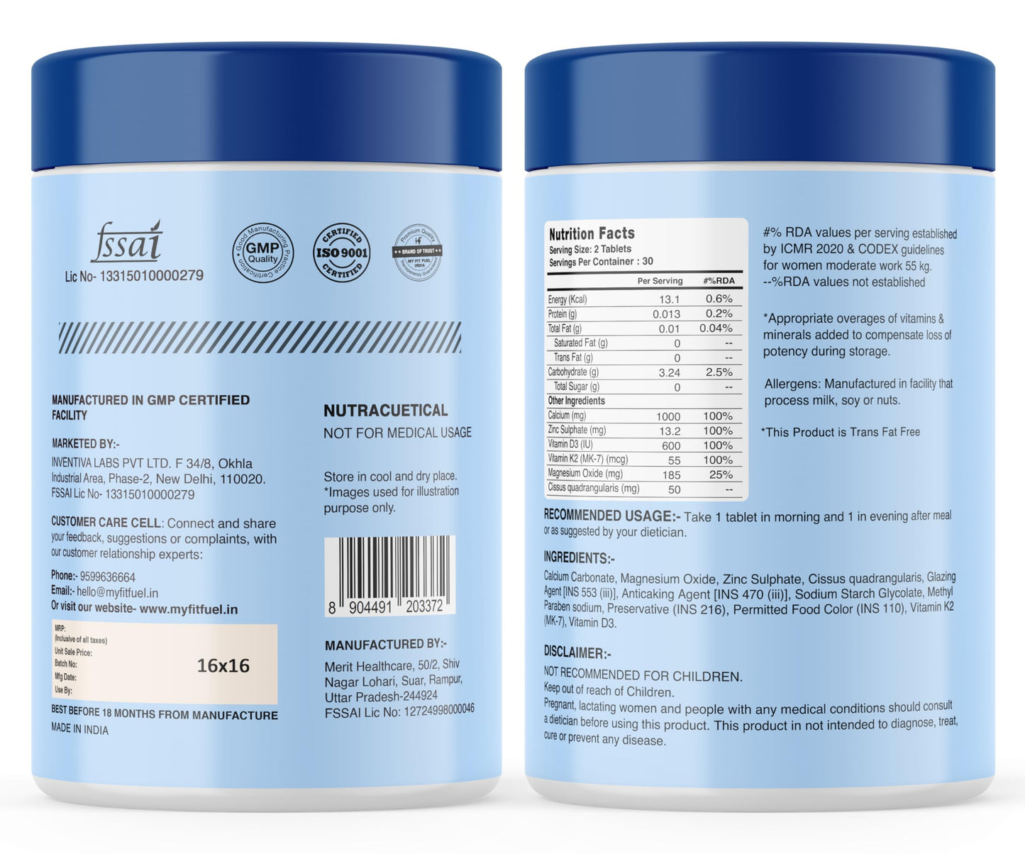 MyFitFuel Calcium & Vitamin D 3, (60 Tablets) + (K2 (MK7), Zinc, Magnesium & Cissus. Calcium For Women & Men