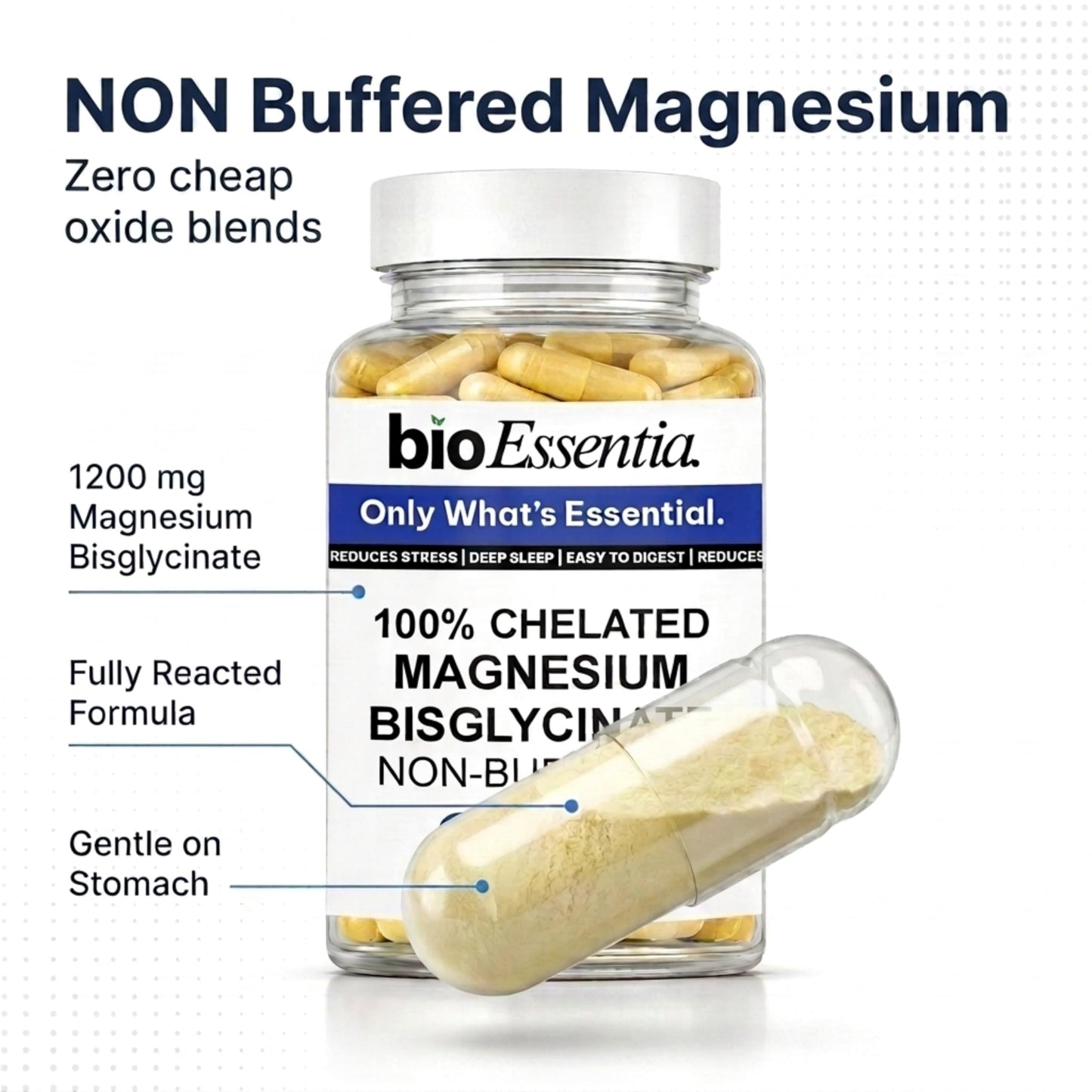 BioEssentia Magnesium Bisglycinate 1200 mg per Serving | 100% Chelated, Non-Buffered Magnesium Supplement | High Absorption | Supports Sleep, Stress & Muscle Recovery | 100 Veg Capsules