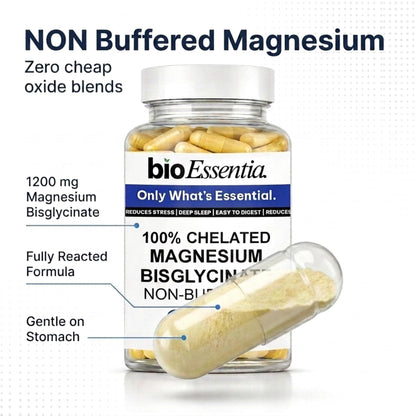 BioEssentia Magnesium Bisglycinate 1200 mg per Serving | 100% Chelated, Non-Buffered Magnesium Supplement | High Absorption | Supports Sleep, Stress & Muscle Recovery | 100 Veg Capsules