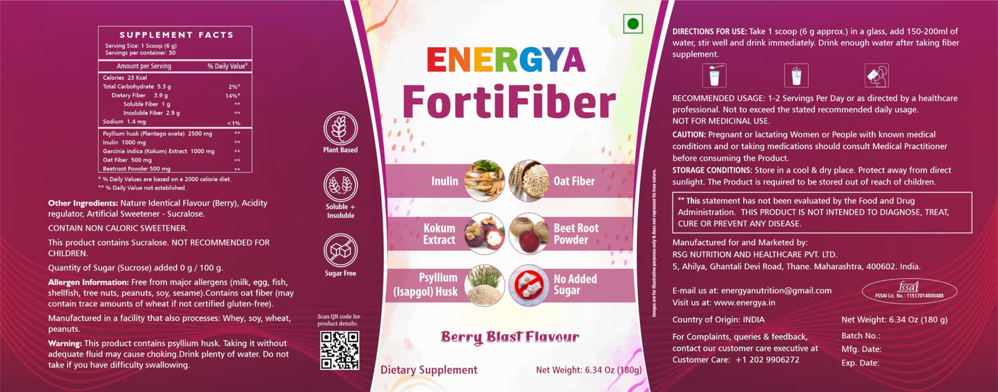 ENERGYA FortiFiber Plant-Based Prebiotic Fiber Drink – Sugar-Free Berry Flavor