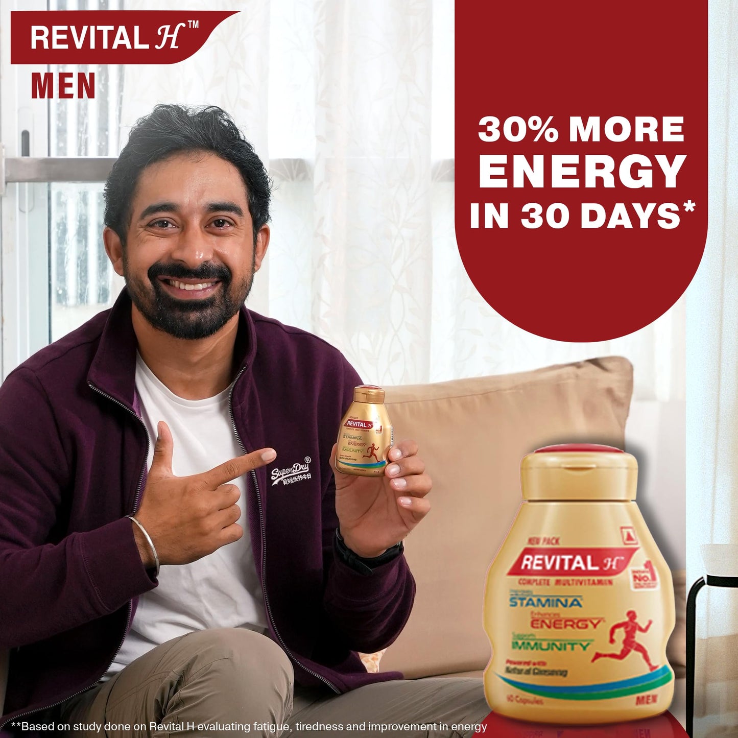 Revital H Multivitamin For Men (60 Capsules) With Natural Ginseng, Zinc, 10 Vitamins & 8 Minerals For Daily Energy, Stamina & Immunity