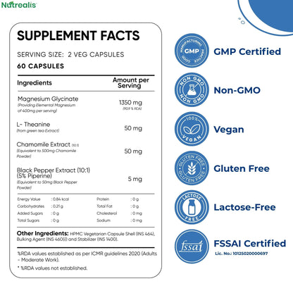 Nutrealis Magnesium Glycinate 400mg Elemental, Chelated High Absorption with L-Theanine, Chamomile & Black Pepper, Sleep Stress Muscle Support, 120 Vegan Capsules
