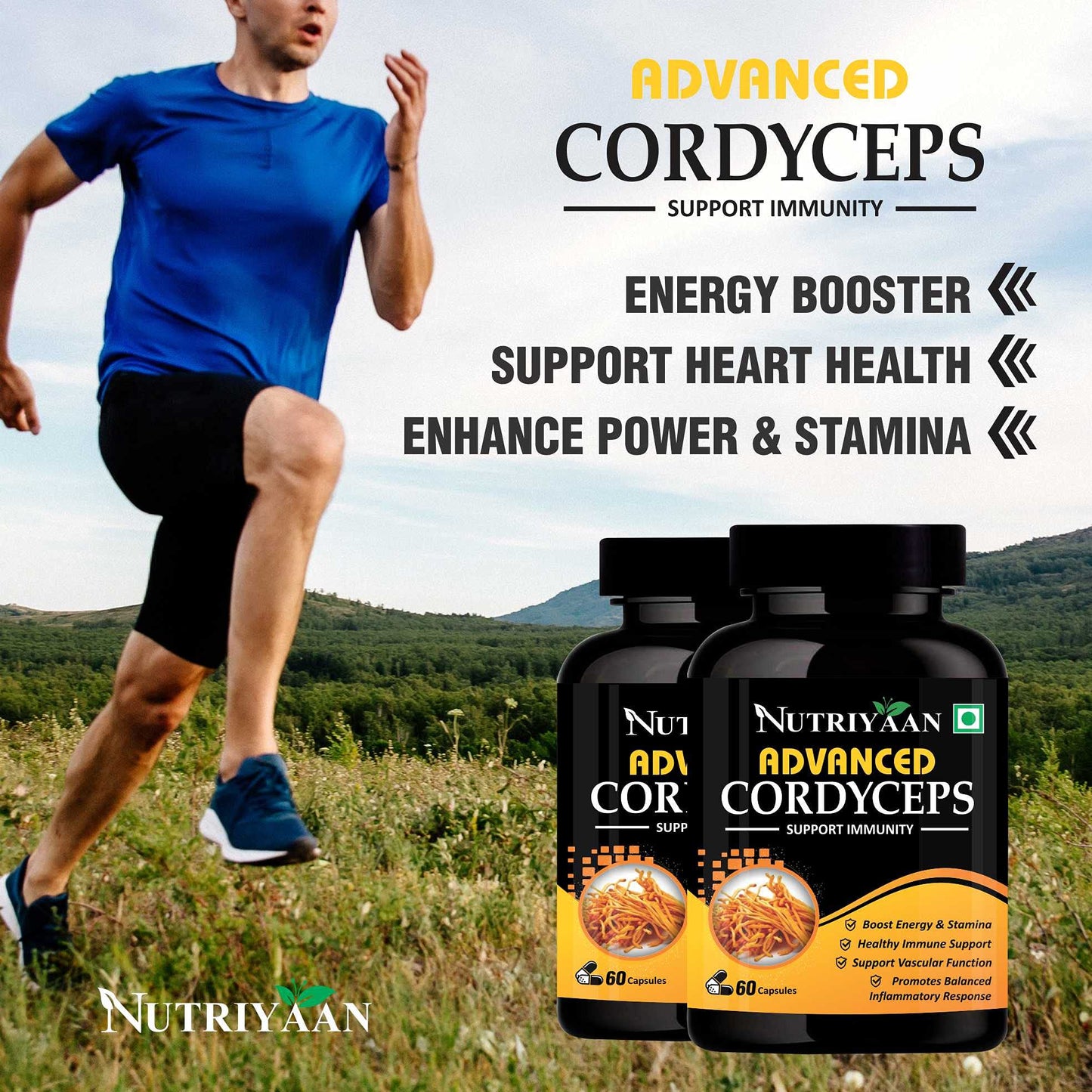 Nutriyaan Cordyceps Performance Supplement for Energy, Stamina, Endurance, 500mg (60 Capsules)