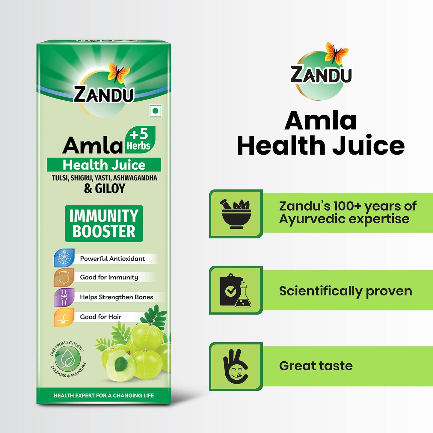 Zandu Amla + 5 Herbs Health Juice | Ayurvedic Immunity Booster | Powerful Antioxidant | Good for Bones and Hair |No Added Sugar (1000ml)