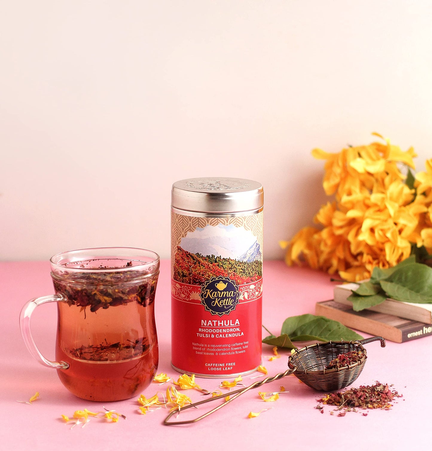 Karma Kettle Nathula Caffeine Free Tea with Rhododendron, Tulsi & Marigold, 50 GMS Loose Leaf in Tin, 50 g