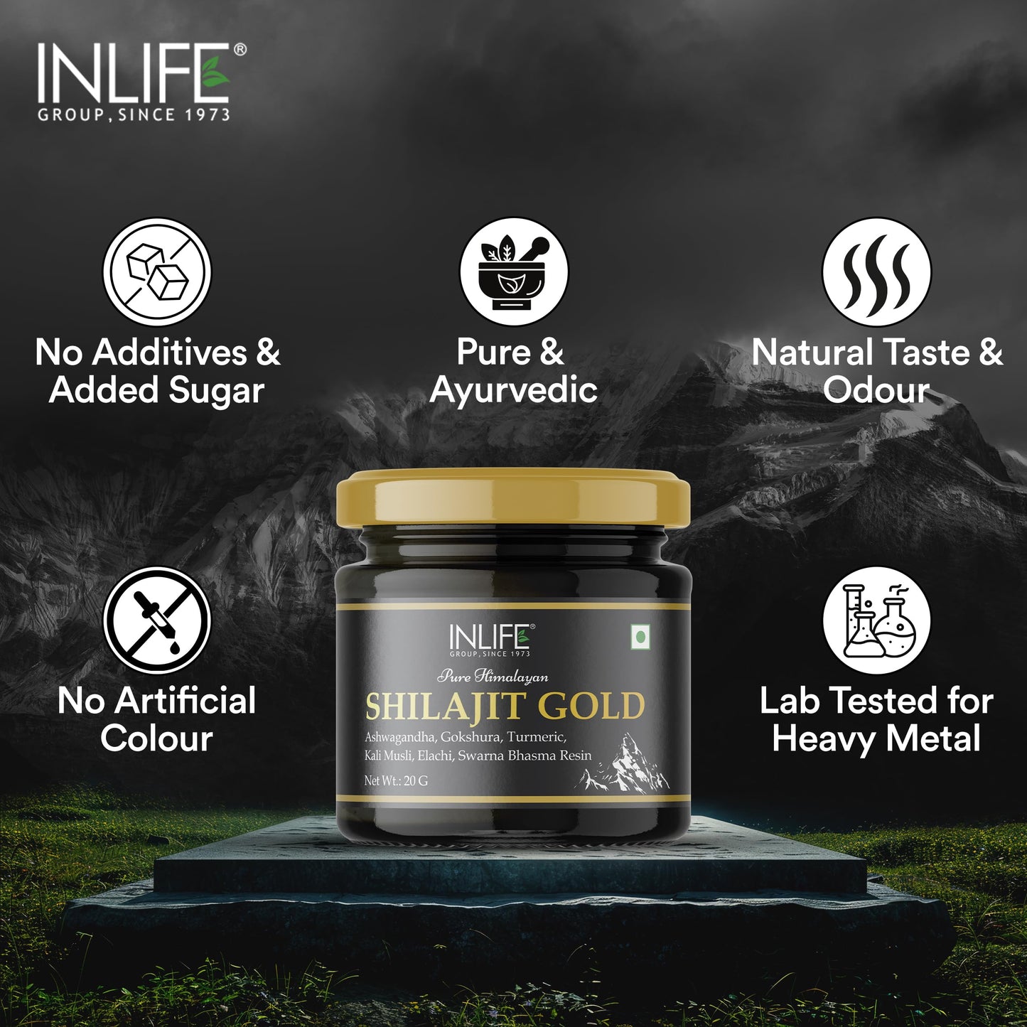 INLIFE Shilajit Gold 20g | Original Himalayan Shilajit Resin with Ashwagandha, Tribulus, Turmeric, Kali Musli | 75% Fulvic Acid | Lab Tested Ayurvedic Supplement