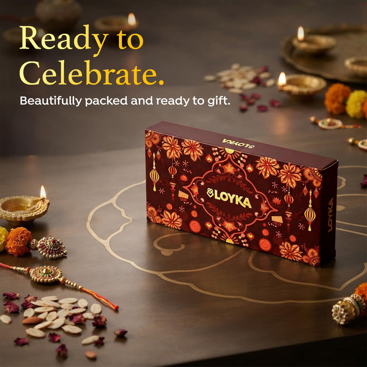 LOYKA Bond & Brittle Rakhi Gift Hamper for Brother & Sister - 8 Inclusions - Premium Almond Brittle Gold, Brownie & Paancho Chocolate Sweets Combo Box with Rakhi, Roli Chawal - Rakshabandhan Gift Set