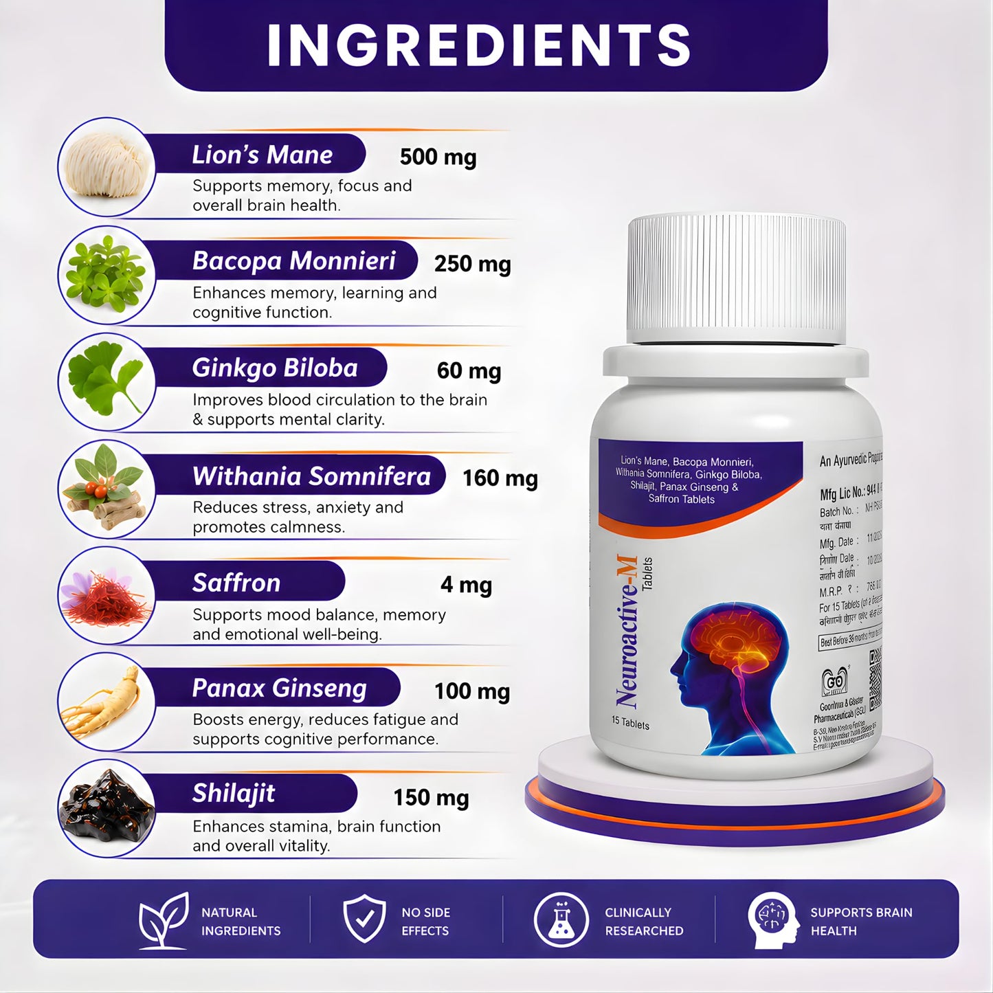 Neuroactive-M Supports Brain Health, Focus, Memory Booster for Adolescent, Students & Adults, Mental Clarity, Sleep Disorder, Depression and Anxiety, Dementia, Nervous Injury, Post Stroke 15 tablets