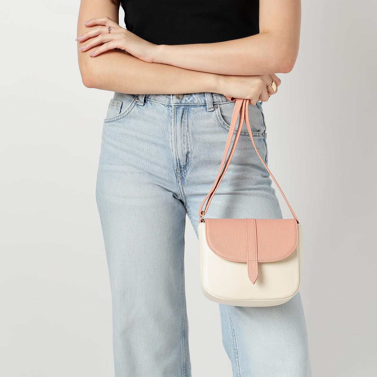 Fastrack RufflePlay pink Sling | Faux-Leather Women’s Handbag | Textured Flap Sling with Button Closure & Adjustable Strap