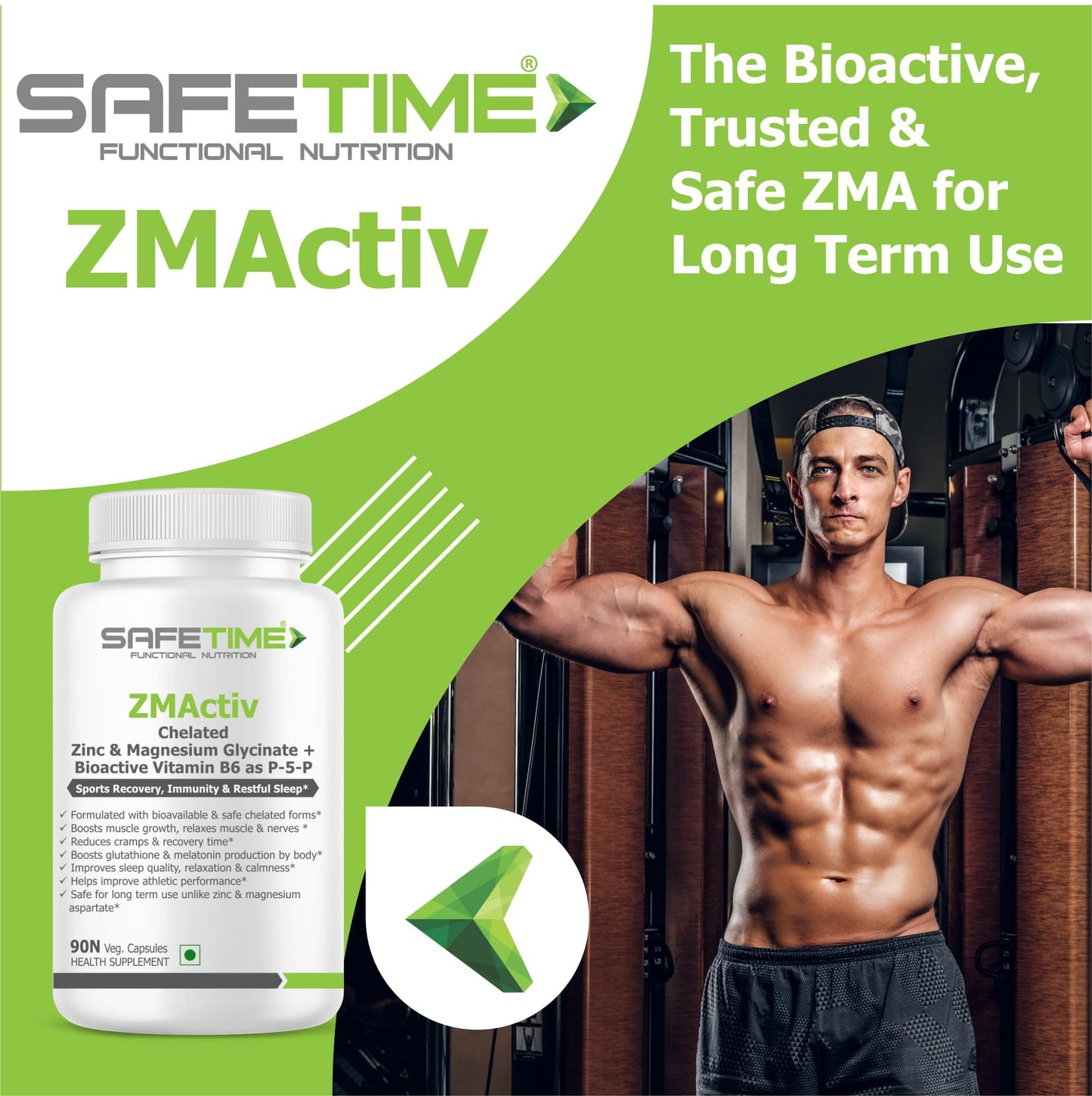 SAFETIME ZMActiv ZINC & MAGNESIUM GLYCINATE with ACTIVE VITAMIN B6 P5P Sports Recovery, Restful Sleep, Immunity, Glutathione Booster, Bioavailable, Safe (90 Veg Capsules)