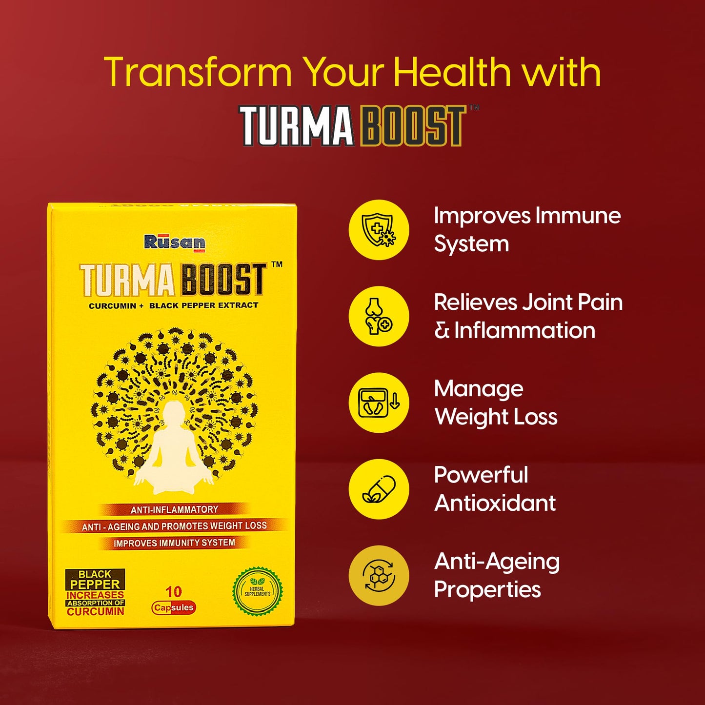 Rusan TURMA BOOST Curcumin 95% 400mg + Black Pepper Extract | 50 Capsules | Immunity & Joint Care | Anti-Inflammatory Support