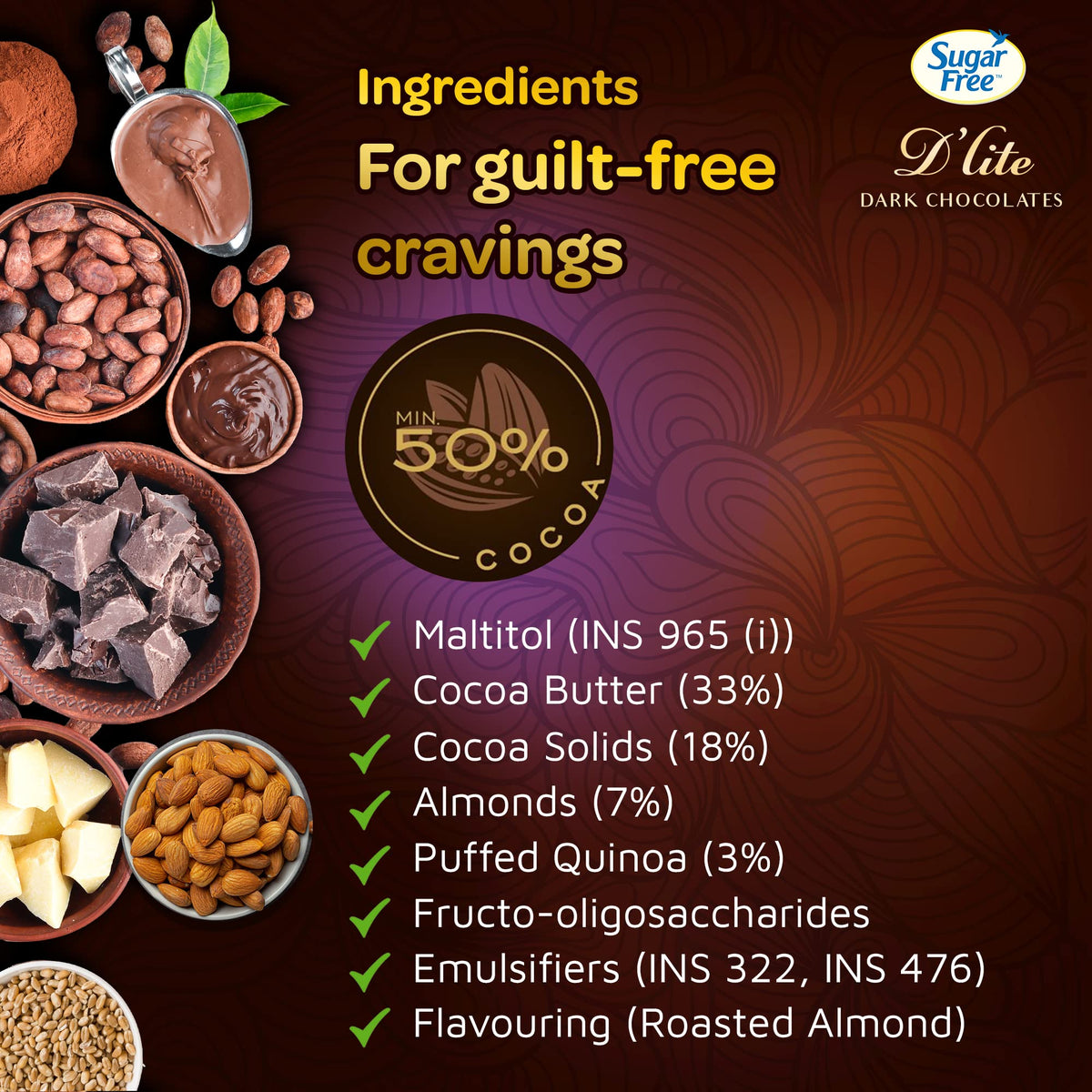 Sugar Free D'lite Dark Chocolate | Quinoa & Almonds Dark Chocolate Bar | Pack Of 1 (80 Gram) | No Added Sugar | Keto Friendly & Vegan | Gluten Free | Guilt Free Extreme Delight With 50% Cocoa