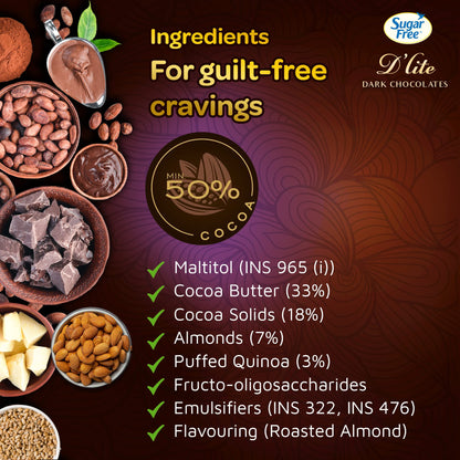Sugar Free D'lite Dark Chocolate | Quinoa & Almonds Dark Chocolate Bar | Pack Of 1 (80 Gram) | No Added Sugar | Keto Friendly & Vegan | Gluten Free | Guilt Free Extreme Delight With 50% Cocoa