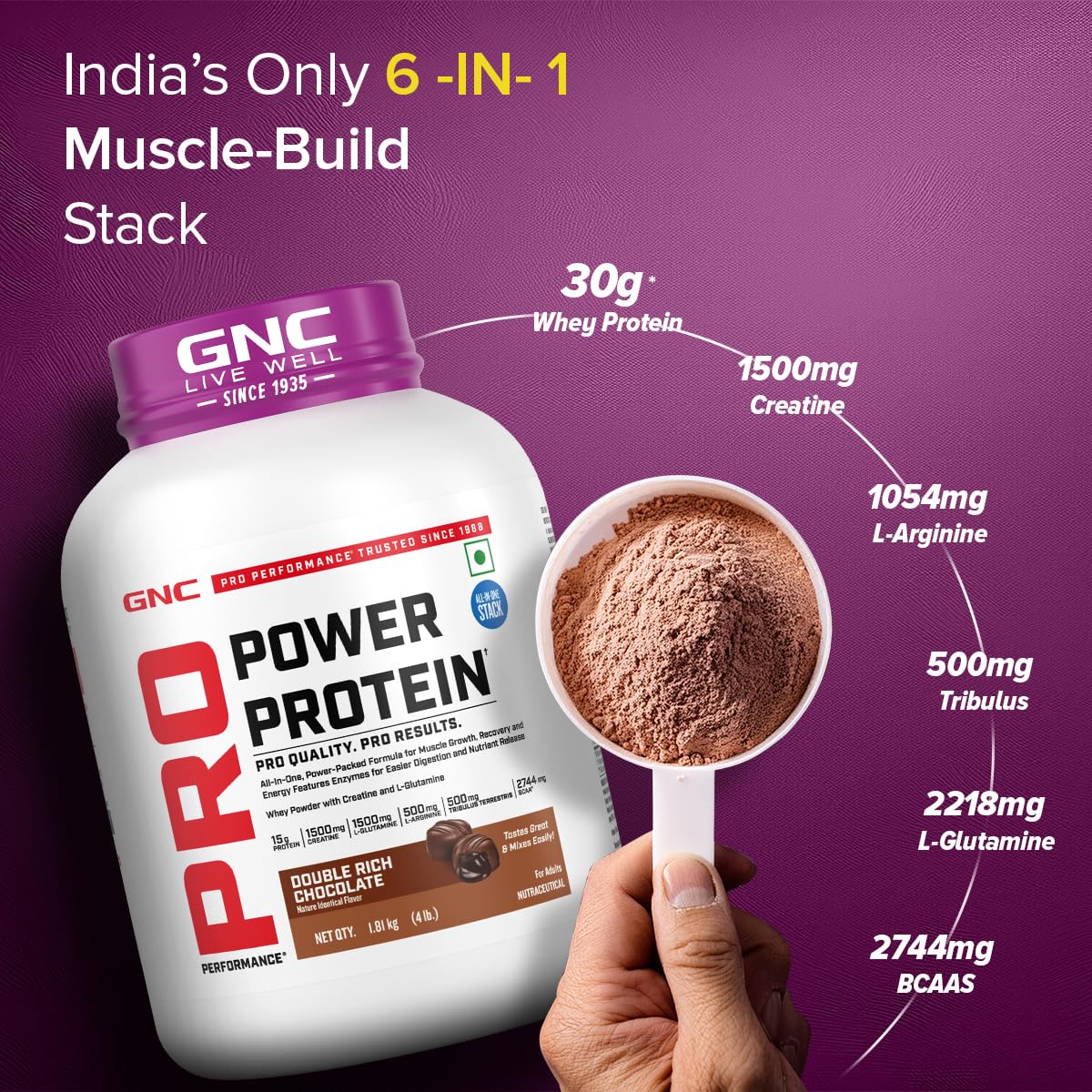 GNC Pro Performance Power Protein | 4 lbs/1.81 Kg | 6 In One Stack | 1500 Mg Creatine| No Added Sugar| 2744 MG BCAA | Informed Choice Certified | 30g Protein | 2.2g L-Glutamine | Energy Features Enzymes For Better Digestion | Double Rich Chocolate| Formul