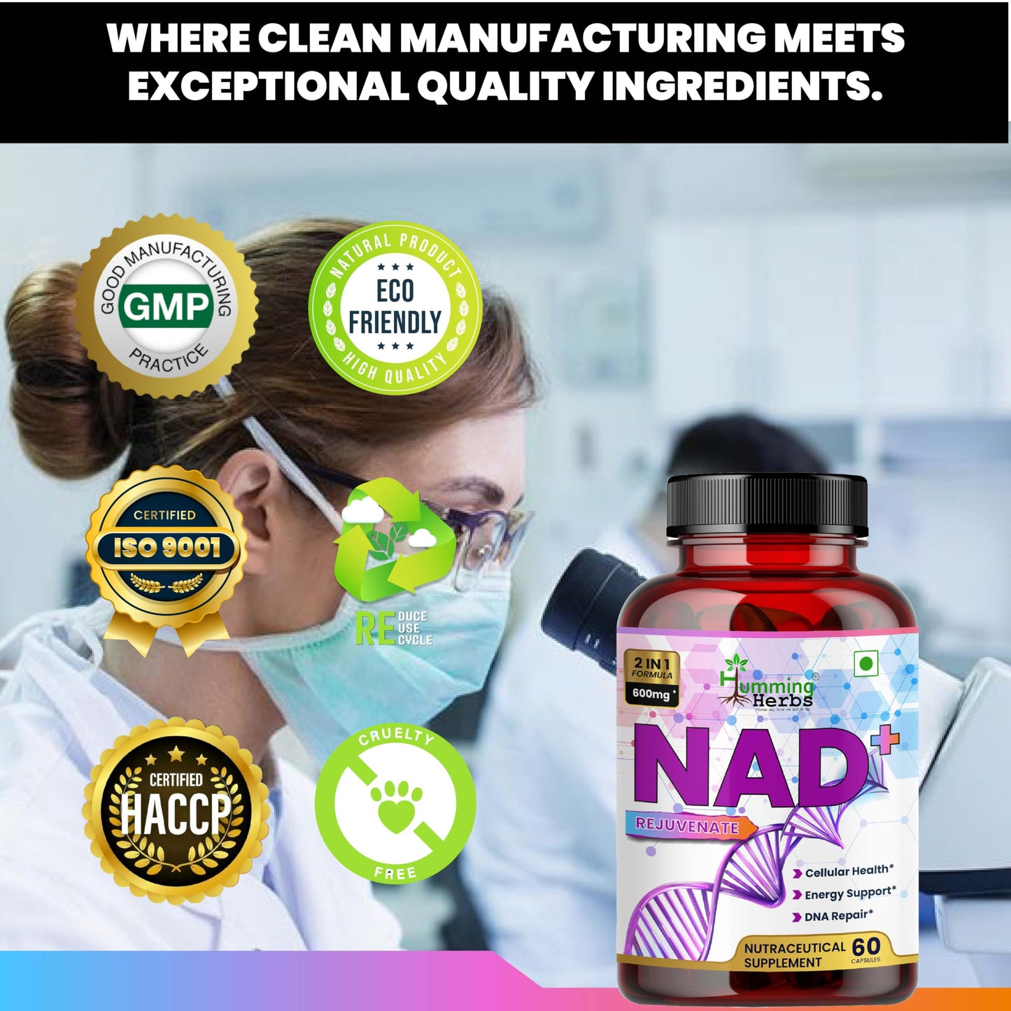 Humming Herbs NAD+ 600mg - Advanced Cellular Health & DNA Repair Formula - Energy and Metabolism Boost with Resveratrol and Polygnum Cuspidatum for Longevity & healthy Aeging