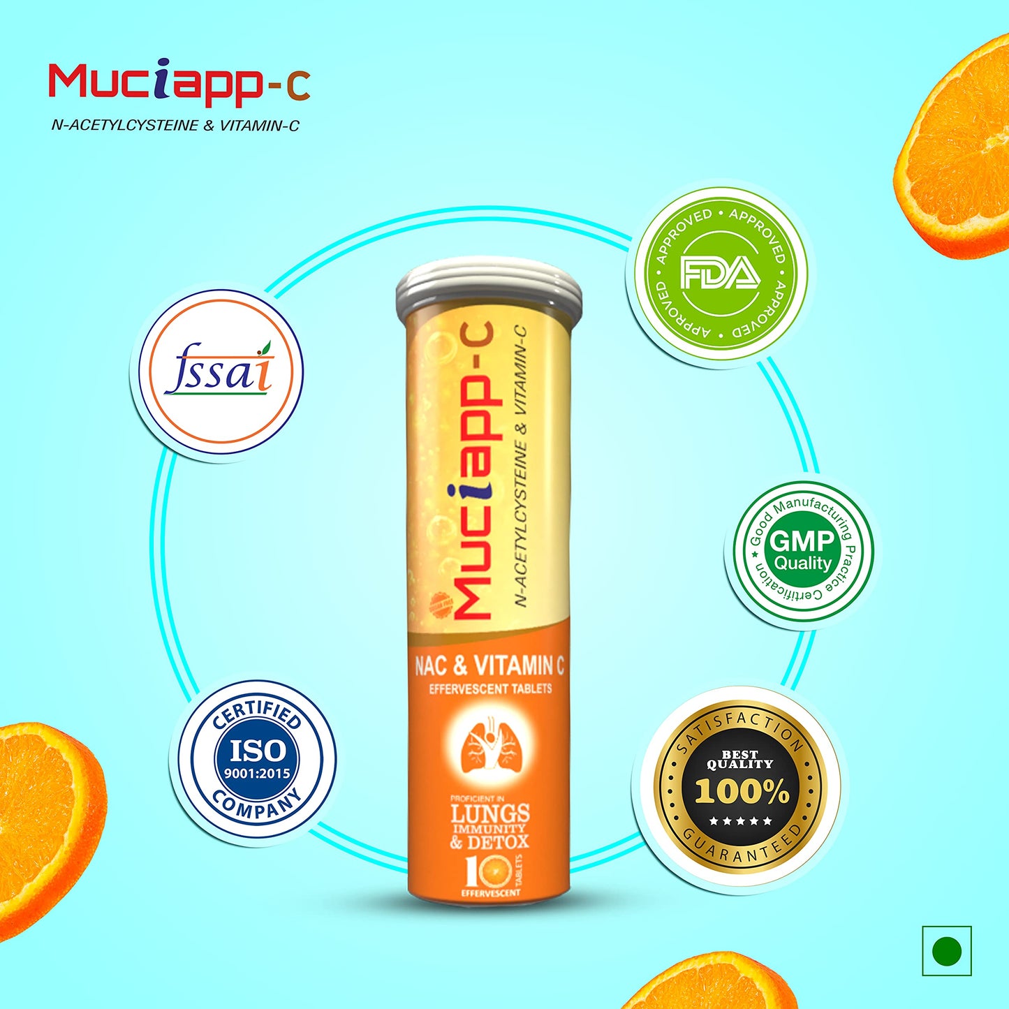Muciapp NAC & Vitamin C - 10 Tablets (Pack Of 1) | N-Acetylcysteine 600mg |For Men & Women | Powerful Antioxidant & Lung Detox Support | Immune Booster for Respiratory Health, Liver Cleanse