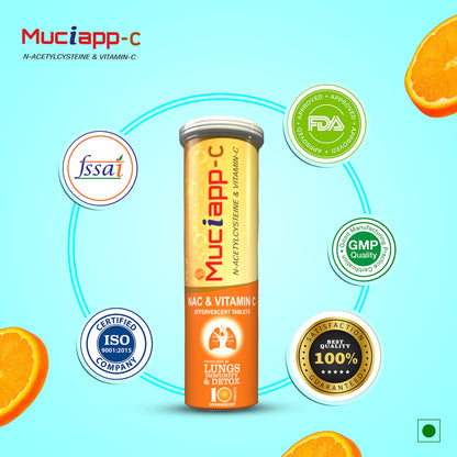 Muciapp NAC & Vitamin C - 10 Tablets (Pack Of 1) | N-Acetylcysteine 600mg |For Men & Women | Powerful Antioxidant & Lung Detox Support | Immune Booster for Respiratory Health, Liver Cleanse