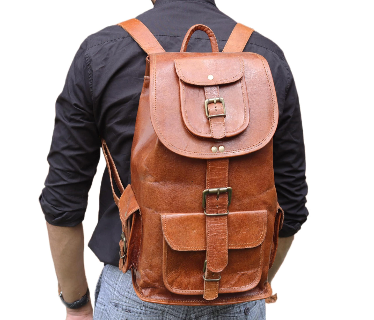 18" Leather Backpack Travel rucksack knapsack daypack College Bag for m- image 4